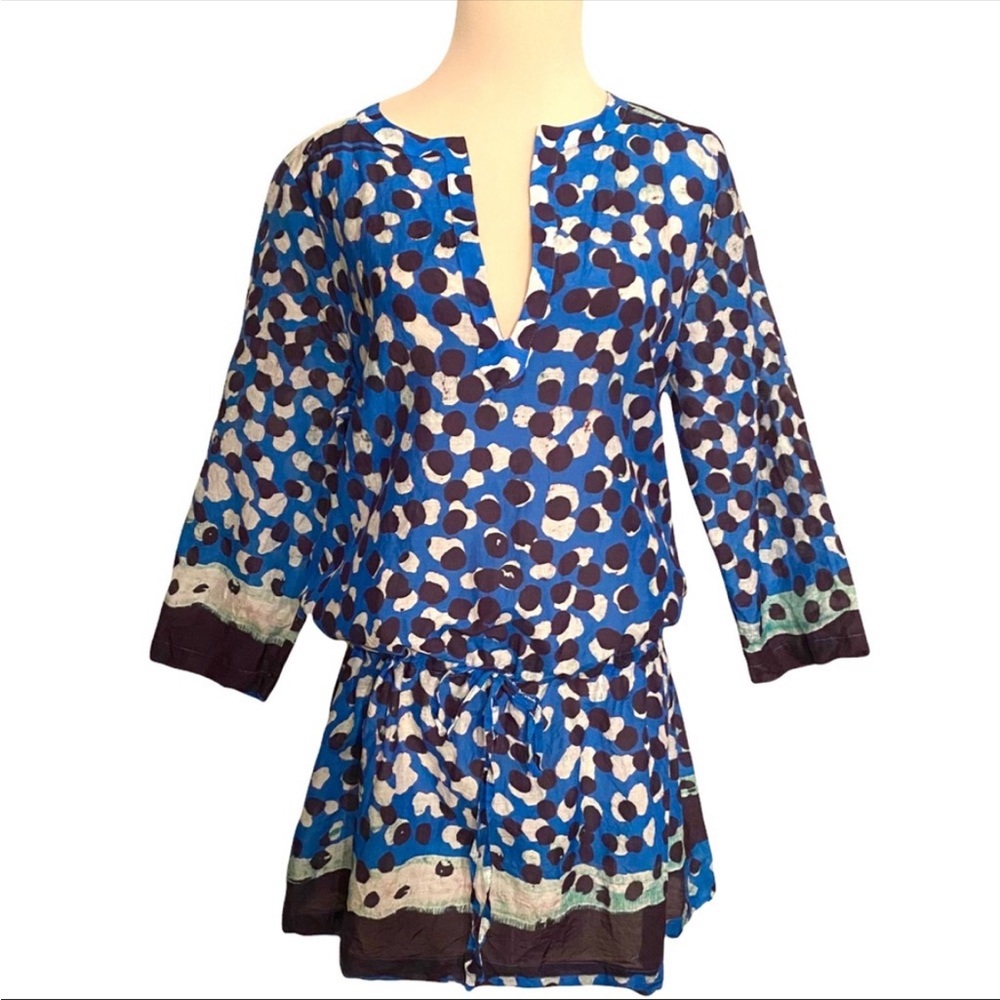 HAREMLIQUE Cotton Silk Tunic Cover Up Ayla A La Mer Blue White $275 Beach Pool - Picture 3 of 7